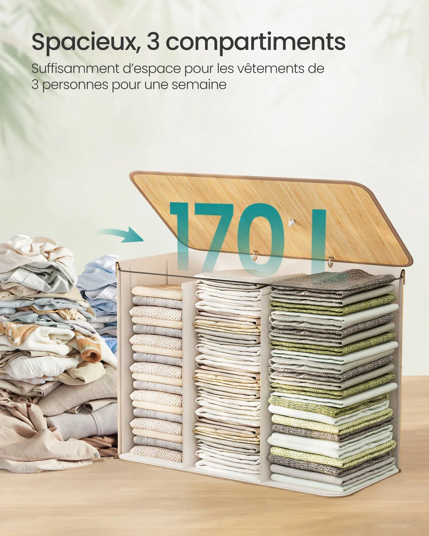 Grand panier à linge - Panier à linge avec couvercle pour un rangement facile et pratique 170 L / Bois