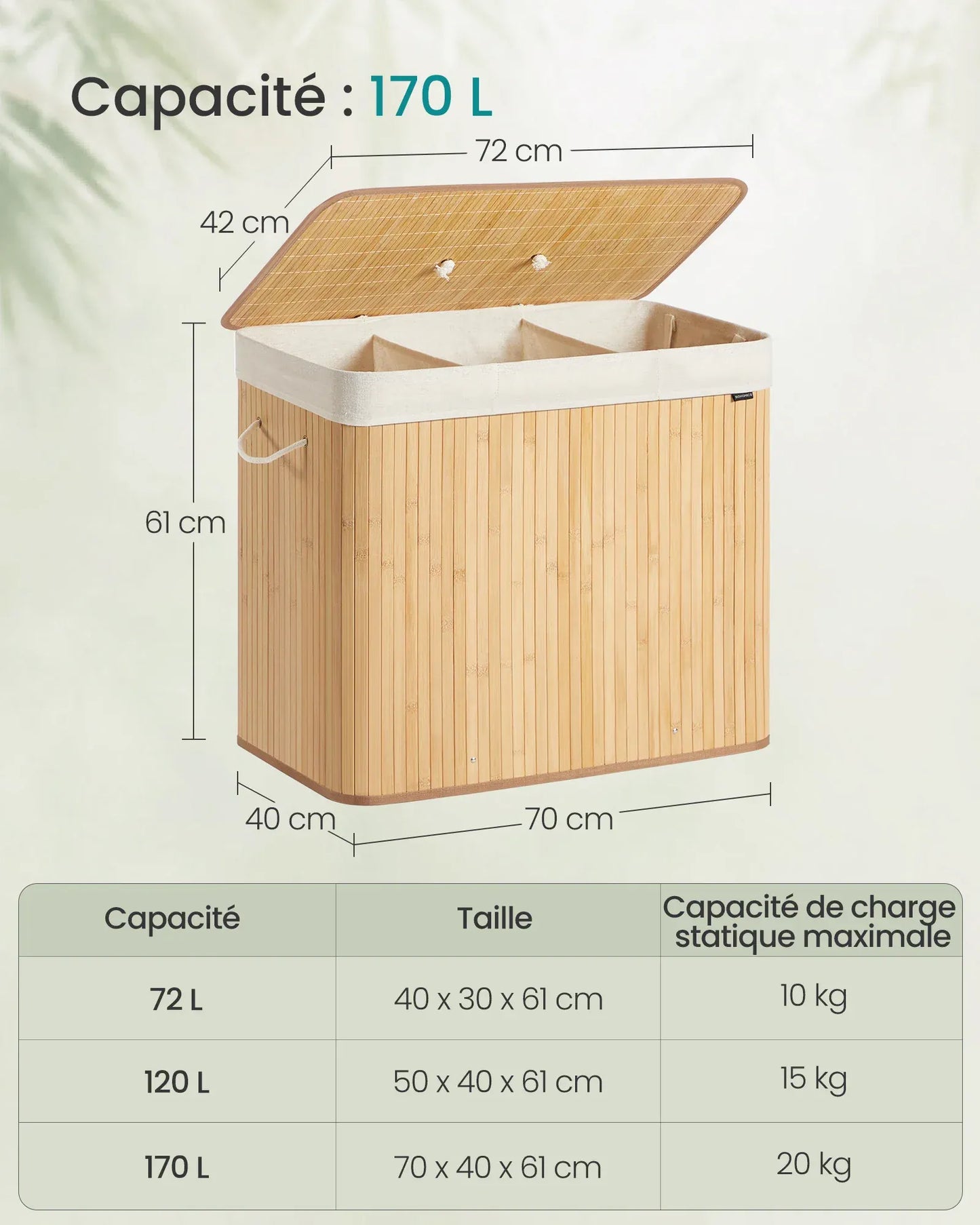 Grand panier à linge - Panier à linge avec couvercle pour un rangement facile et pratique 170 L / Bois