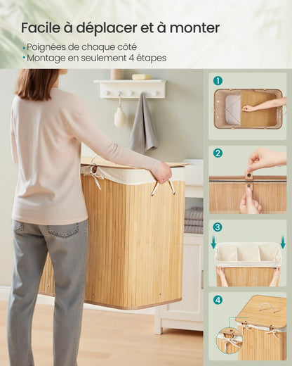 Grand panier à linge - Panier à linge avec couvercle pour un rangement facile et pratique 170 L / Bois