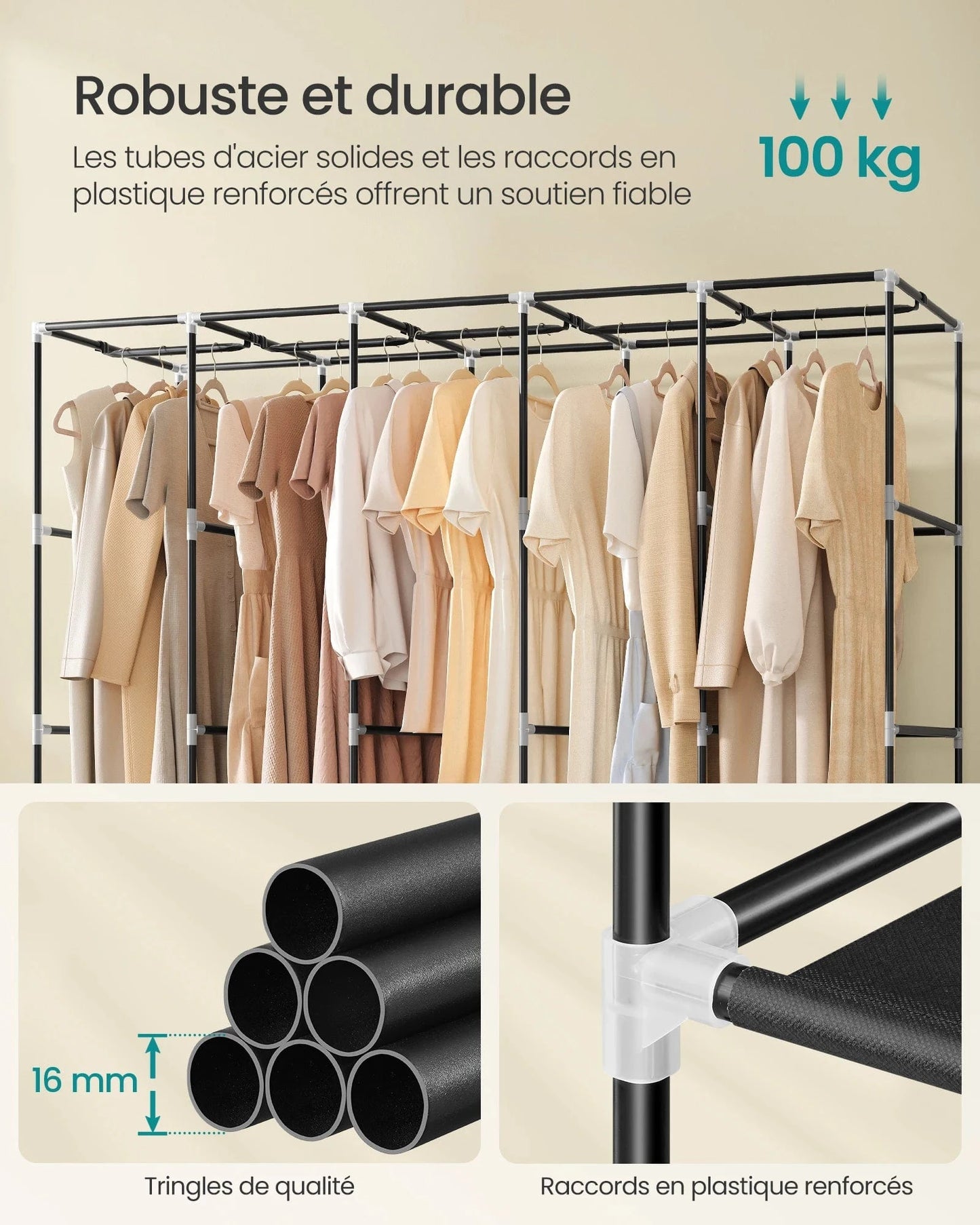 Grande penderie tissu noire avec 5 tringles et étagères Noir