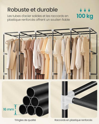 Grande penderie tissu noire avec 5 tringles et étagères Noir