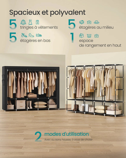 Grande penderie tissu noire avec 5 tringles et étagères Noir