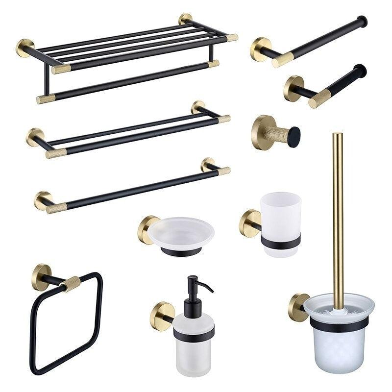 Accessoires de salle de bain or poli et noir mat