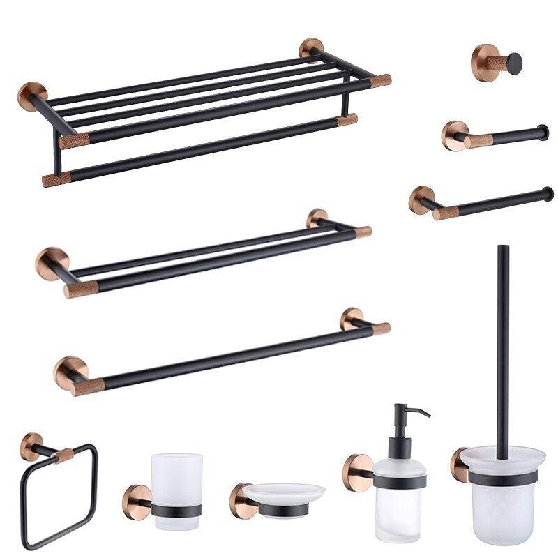 Accessoires de salle de bain or rose et noir mat