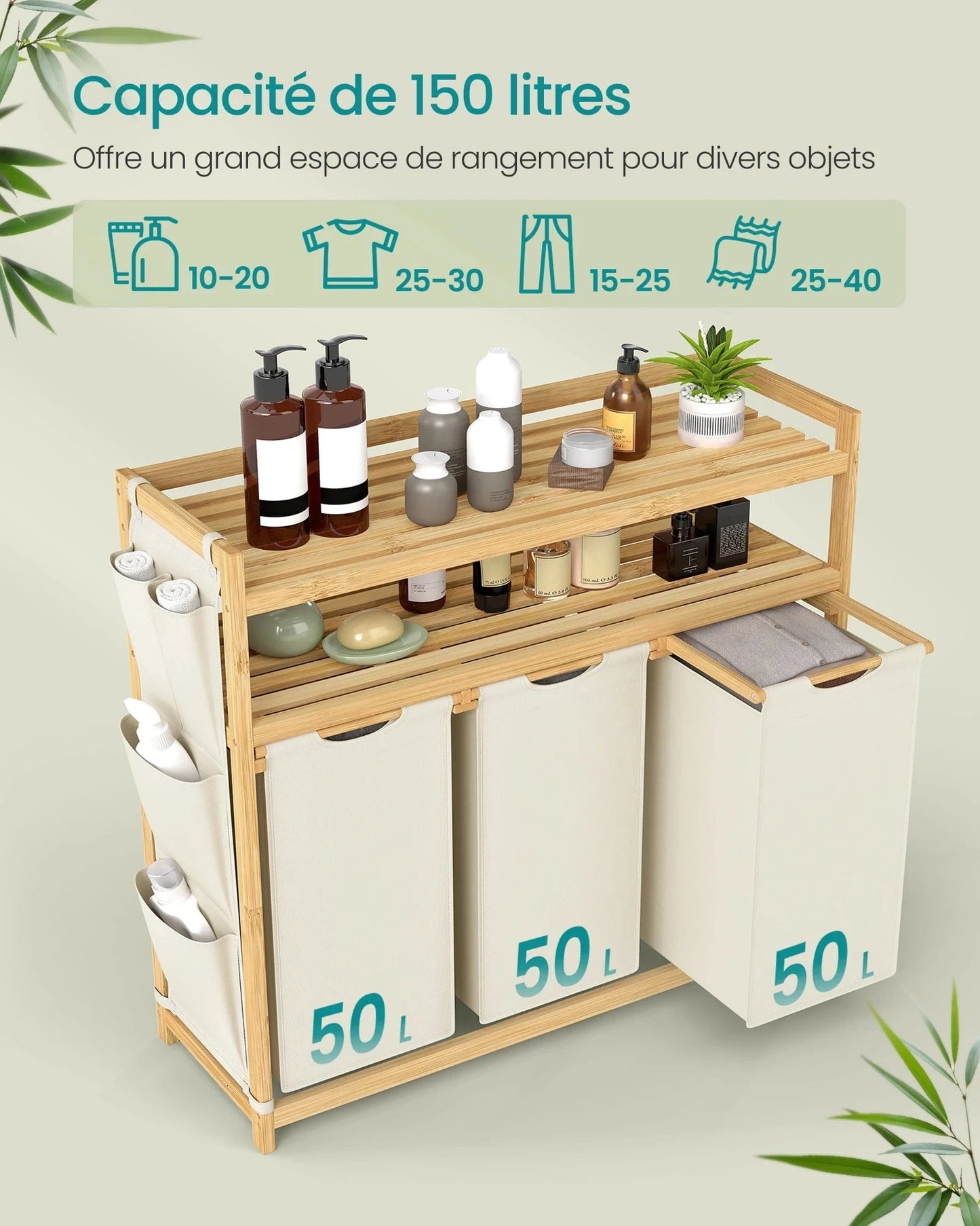 Laundry Basket, with 3 Compartments, 150 Litre Capacity, with Shelf, Side Pockets, 3 x 50 L, 94 x 33 x 98 cm, Cream White Blanc Crème / 150 L / GERMANY