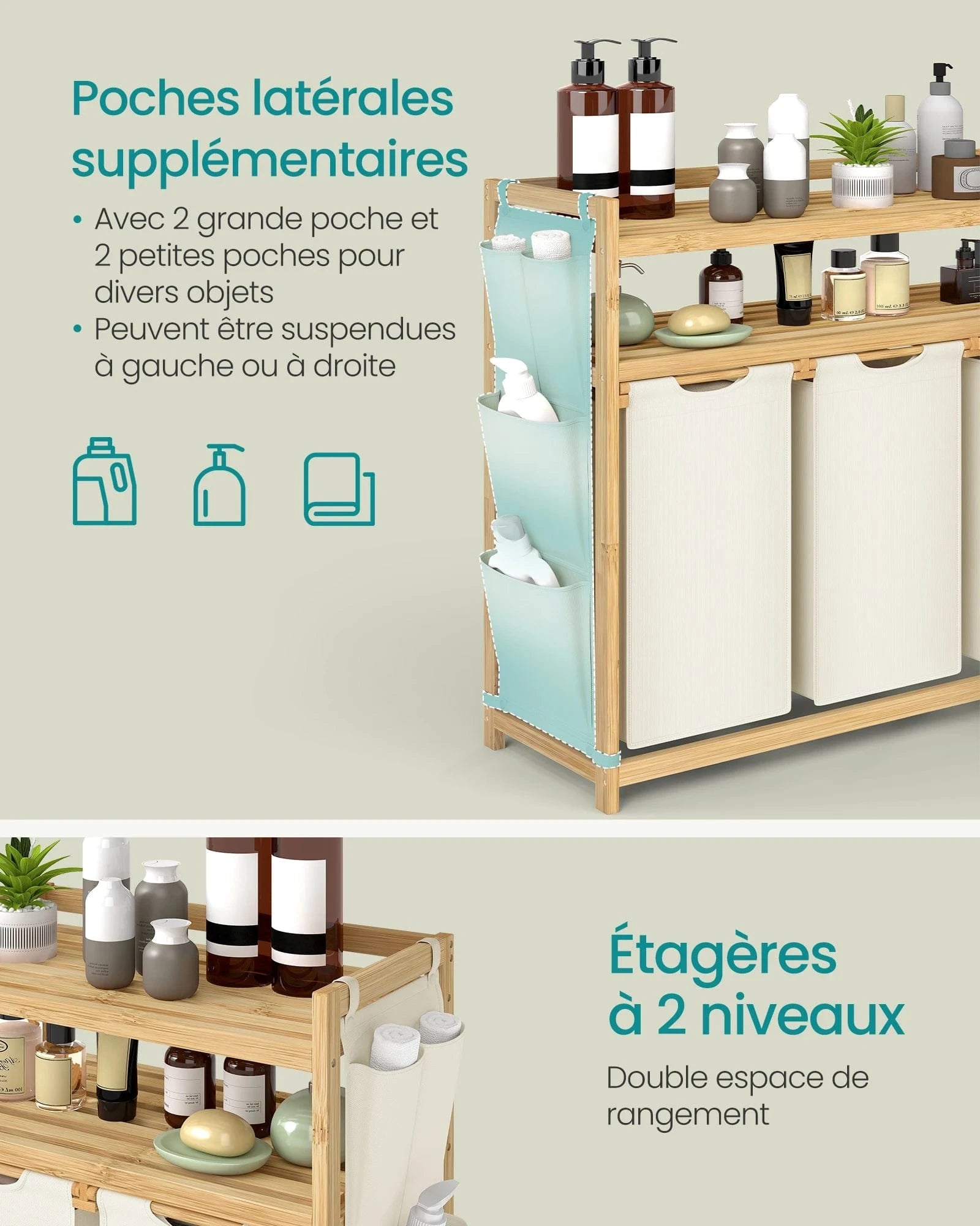 Laundry Basket, with 3 Compartments, 150 Litre Capacity, with Shelf, Side Pockets, 3 x 50 L, 94 x 33 x 98 cm, Cream White Blanc Crème / 150 L / GERMANY