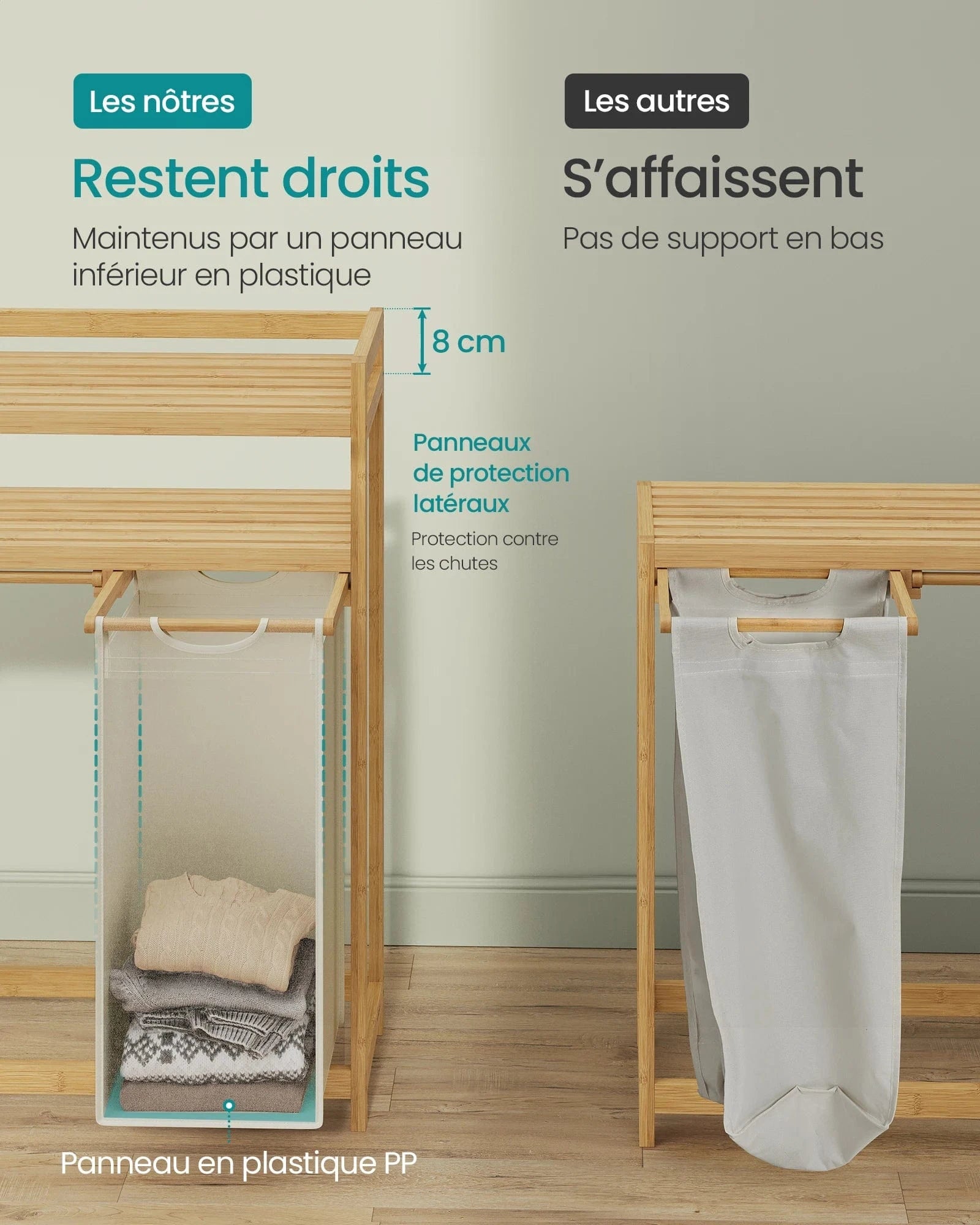 Laundry Basket, with 3 Compartments, 150 Litre Capacity, with Shelf, Side Pockets, 3 x 50 L, 94 x 33 x 98 cm, Cream White Blanc Crème / 150 L / GERMANY