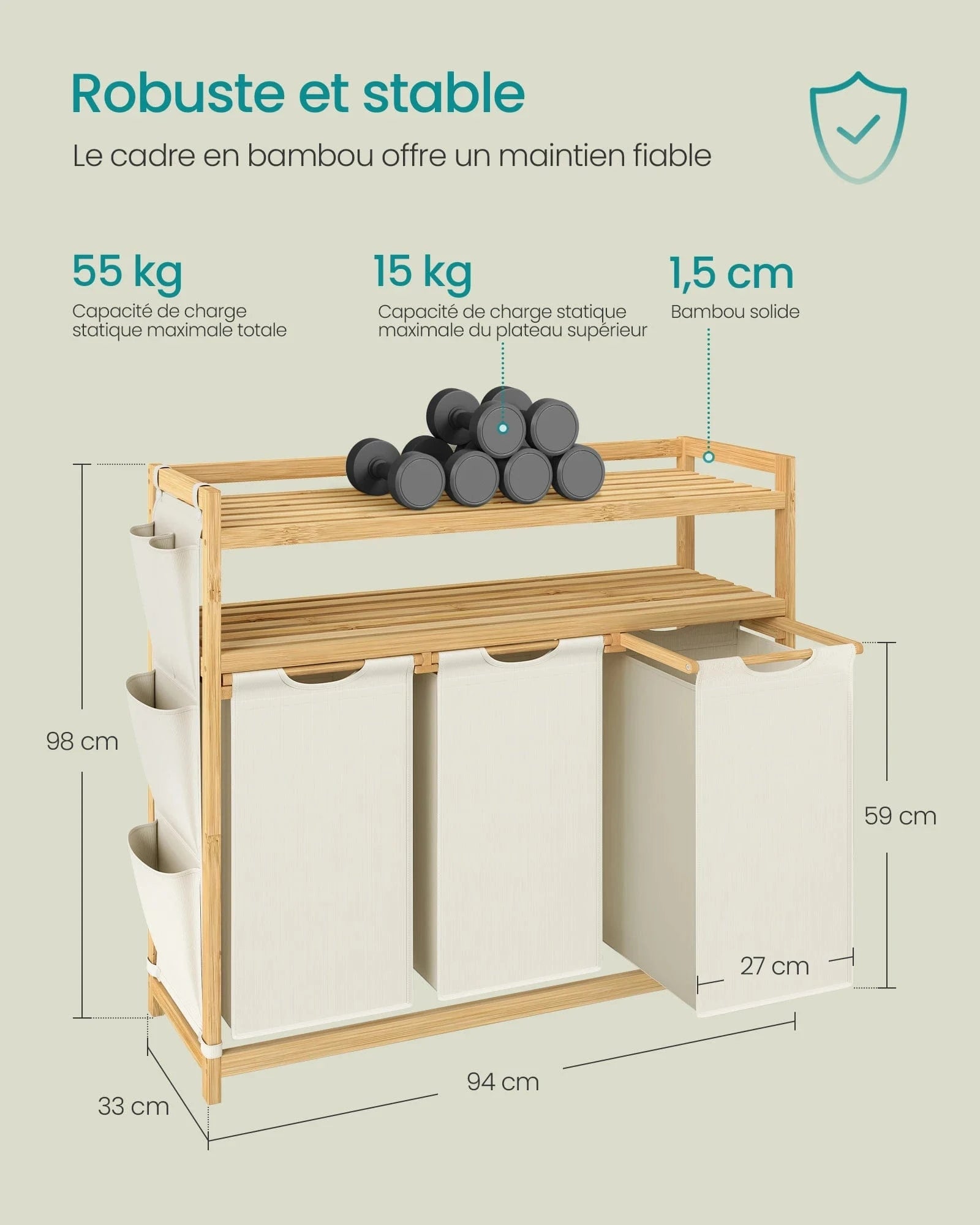 Laundry Basket, with 3 Compartments, 150 Litre Capacity, with Shelf, Side Pockets, 3 x 50 L, 94 x 33 x 98 cm, Cream White Blanc Crème / 150 L / GERMANY