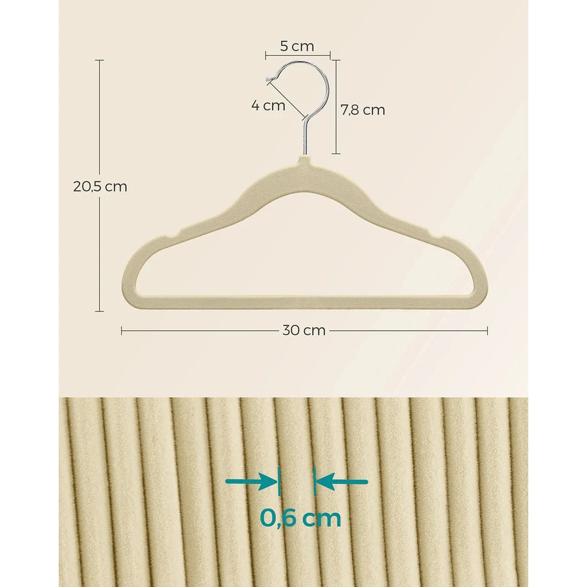 Cintres Enfants, Lot de 50, en Velours, avec Crochets Argentés Pivotants à 360°, Cintres pour Vêtements, Gain de Place,Beige