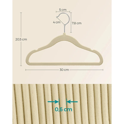 Cintres Enfants, Lot de 50, en Velours, avec Crochets Argentés Pivotants à 360°, Cintres pour Vêtements, Gain de Place,Beige