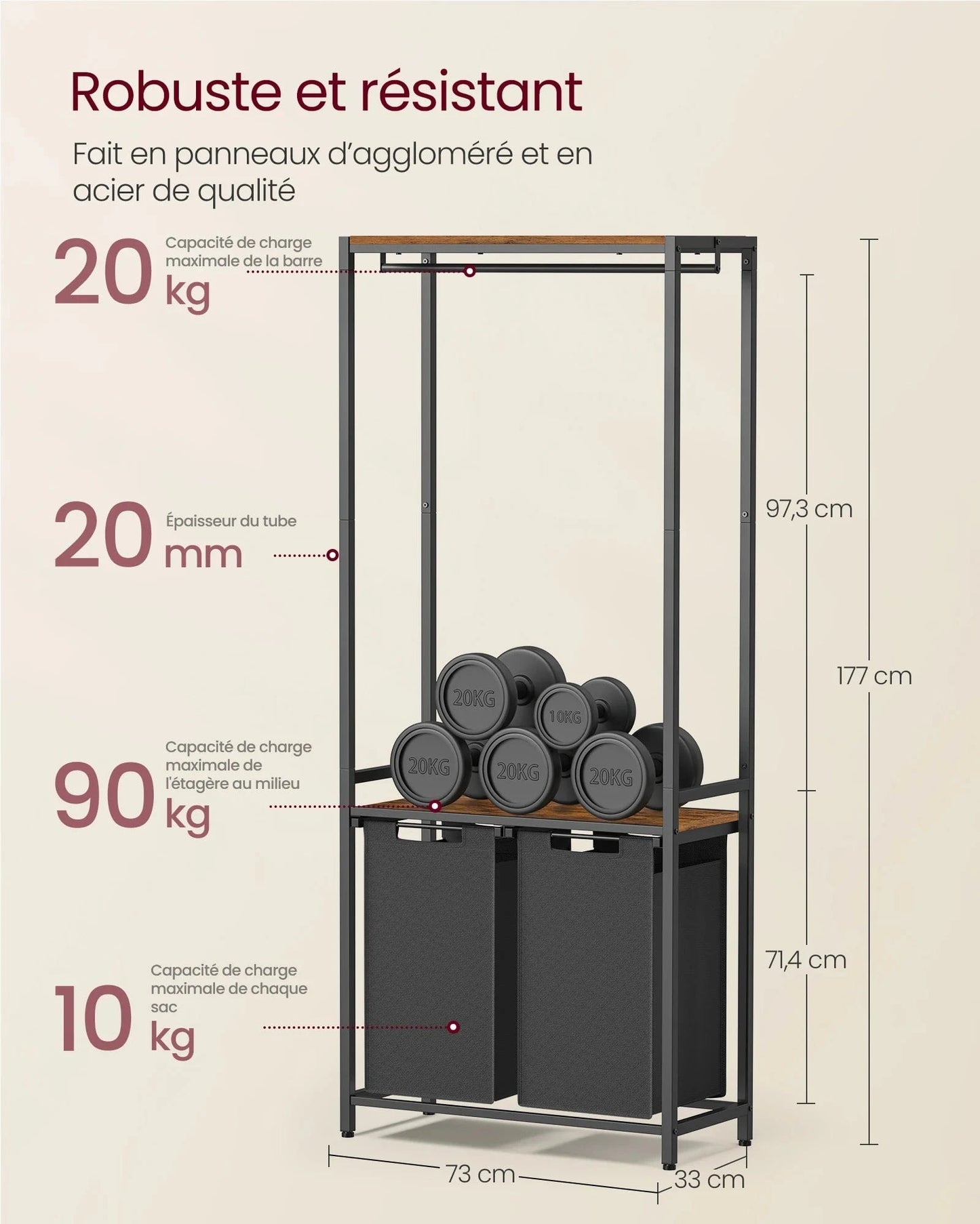Meuble avec panier à linge intégré et étagères de rangement