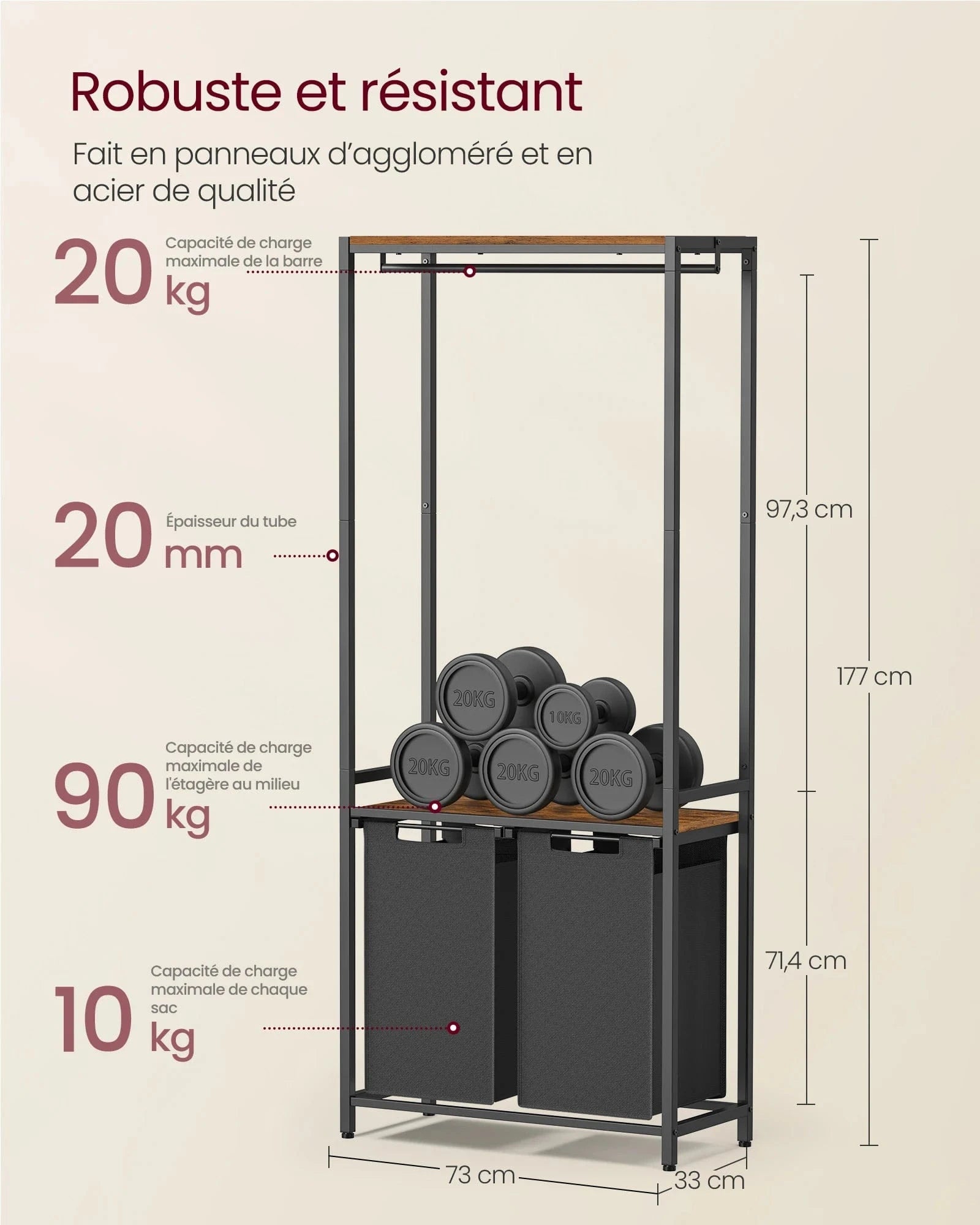 Meuble avec panier à linge intégré et étagères de rangement