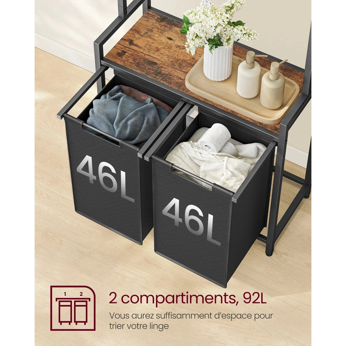 Meuble avec panier à linge intégré et étagères de rangement - Aéraly