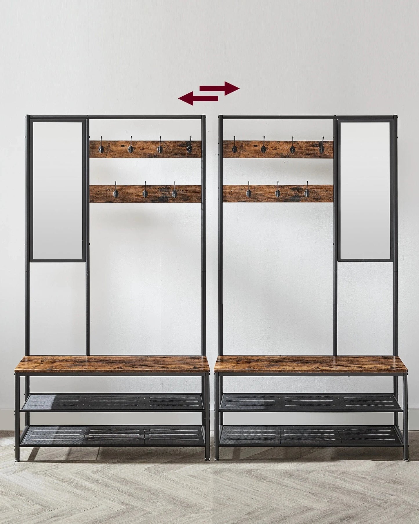 Meuble d’entrée avec miroir, banc et porte-manteau en métal et bois