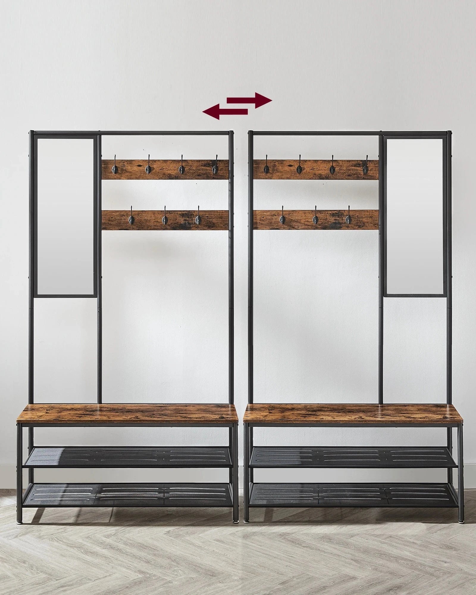 Meuble d’entrée avec miroir, banc et porte-manteau en métal et bois