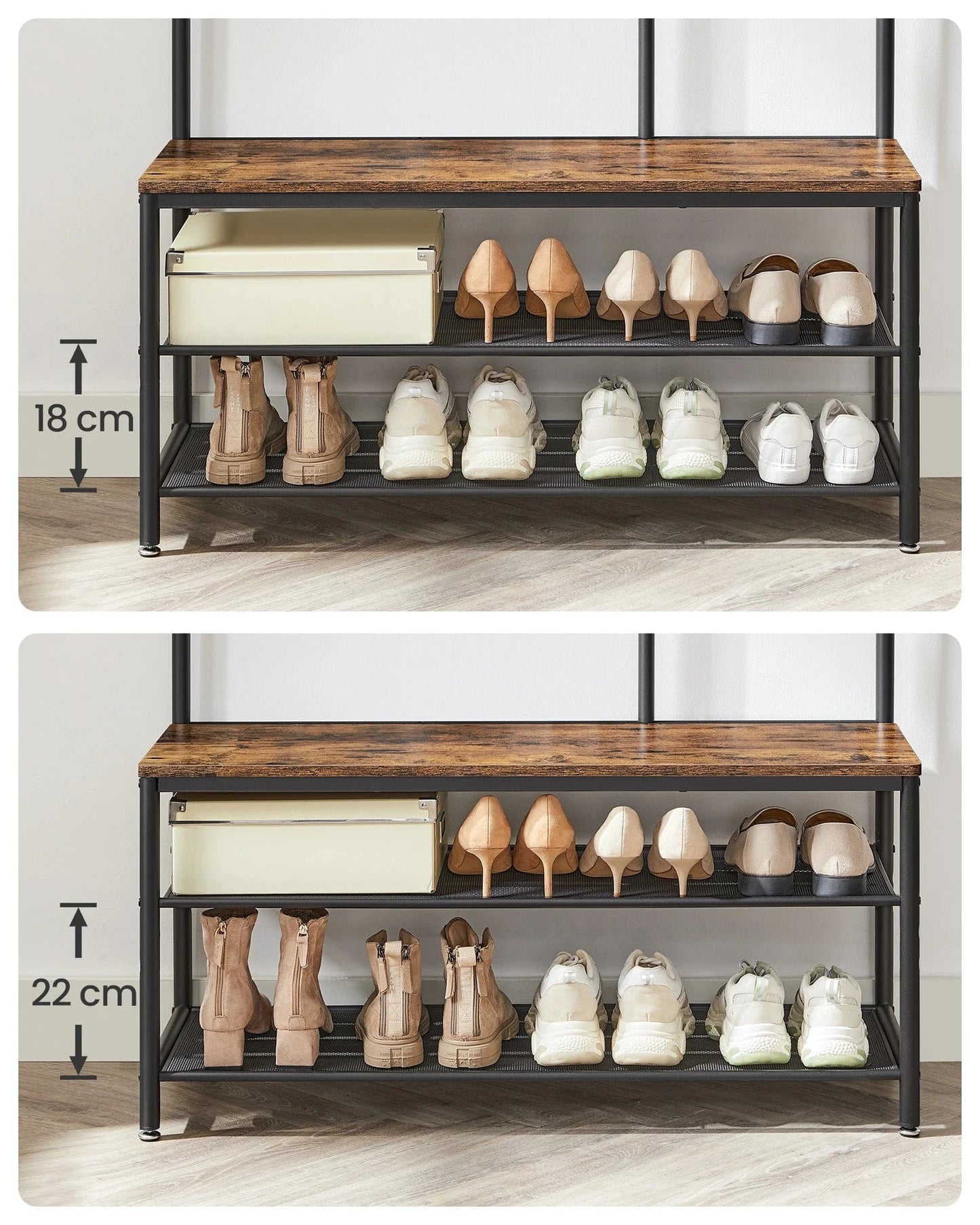 Meuble d’entrée avec miroir, banc et porte-manteau en métal et bois