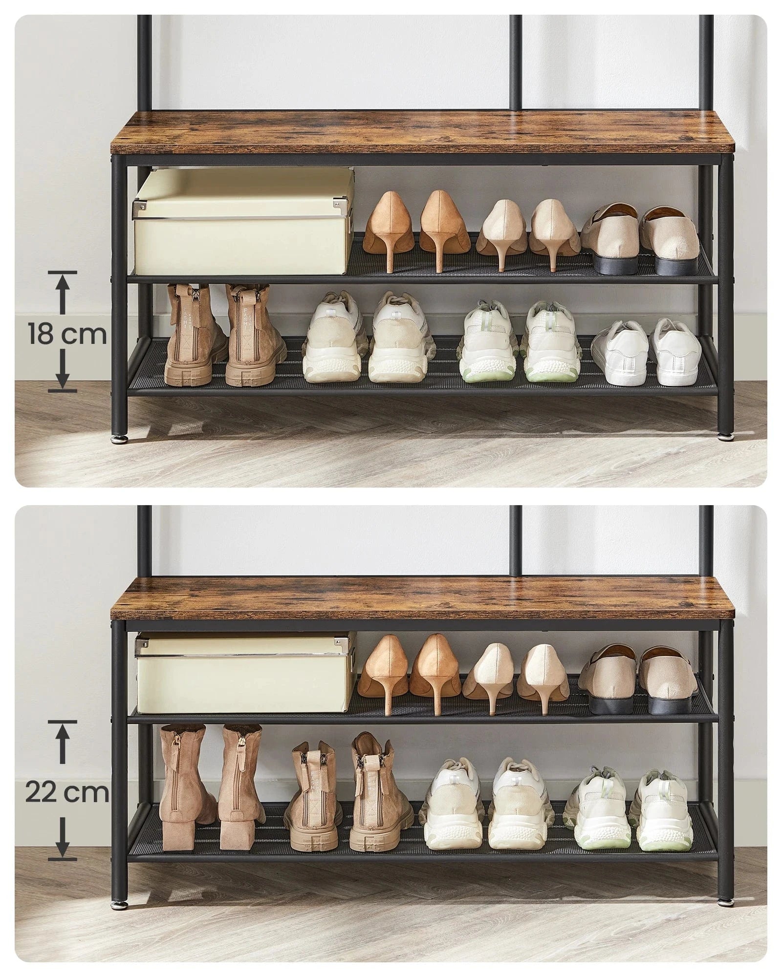 Meuble d’entrée avec miroir, banc et porte-manteau en métal et bois