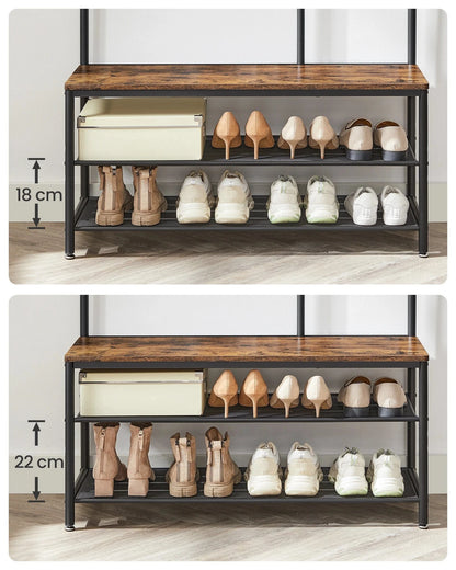 Meuble d’entrée avec miroir, banc et porte-manteau en métal et bois