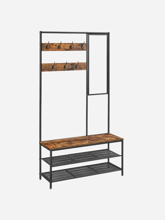 Meuble d’entrée avec miroir, banc et porte-manteau en métal et bois