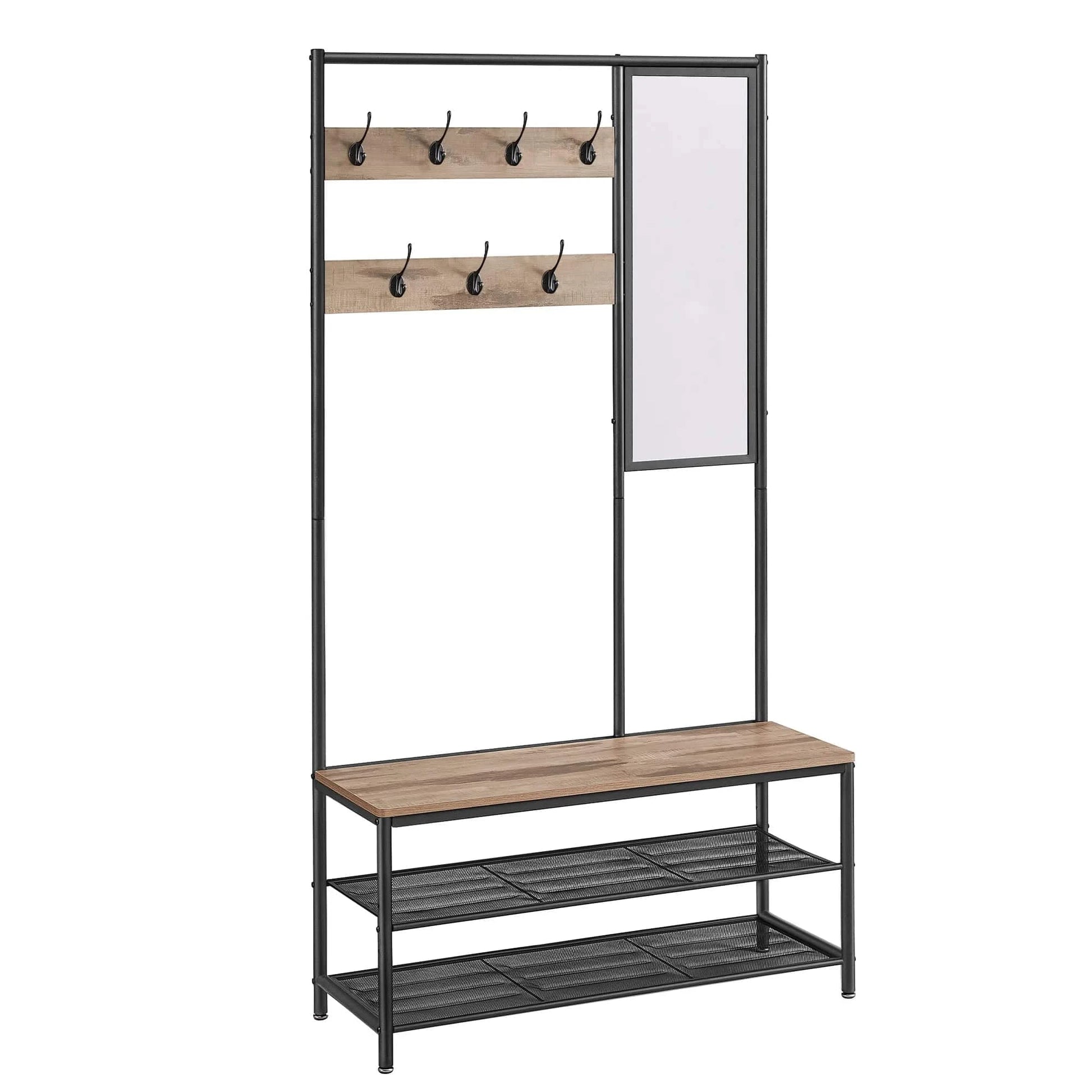 Meuble d’entrée avec miroir, banc et porte-manteau en métal et bois Marron/Noir