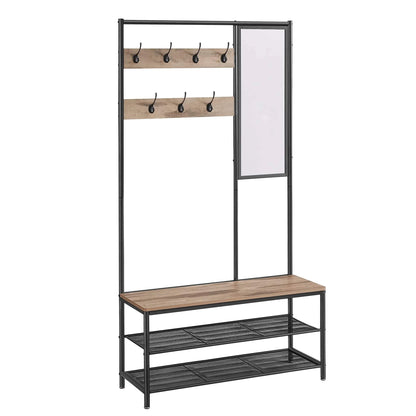 Meuble d’entrée avec miroir, banc et porte-manteau en métal et bois Marron/Noir