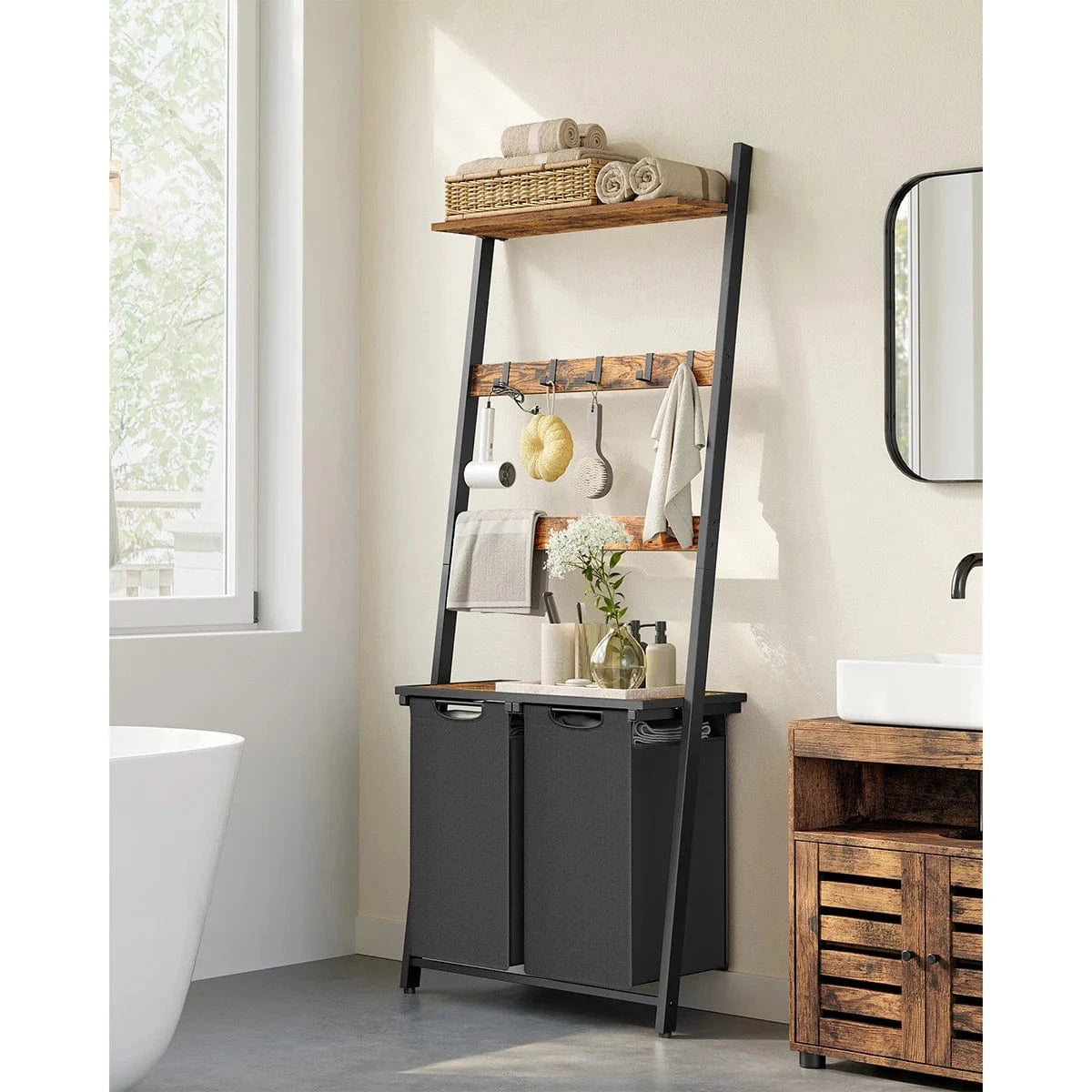 Meuble panier à linge avec étagères et sacs amovibles