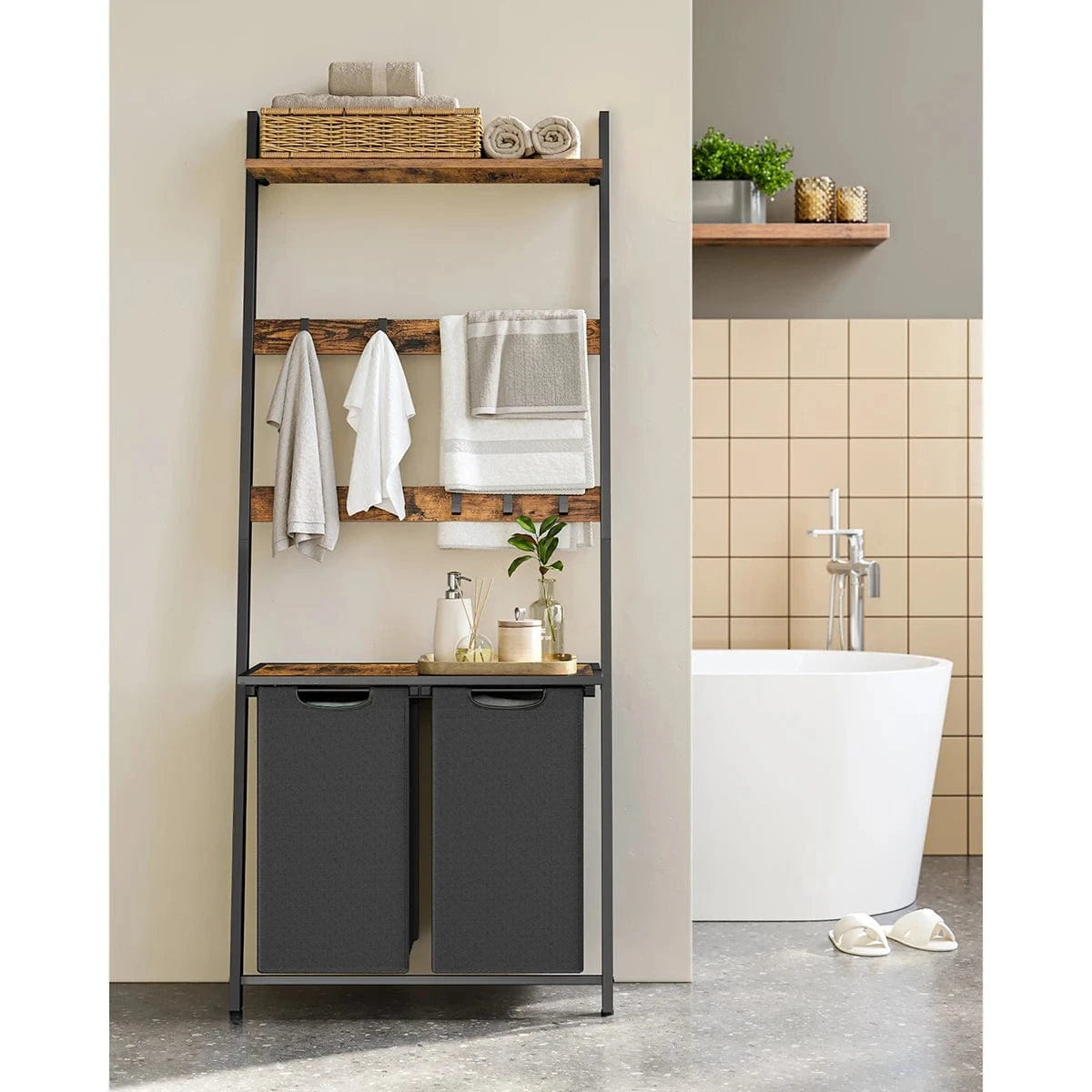 Meuble panier à linge avec étagères et sacs amovibles