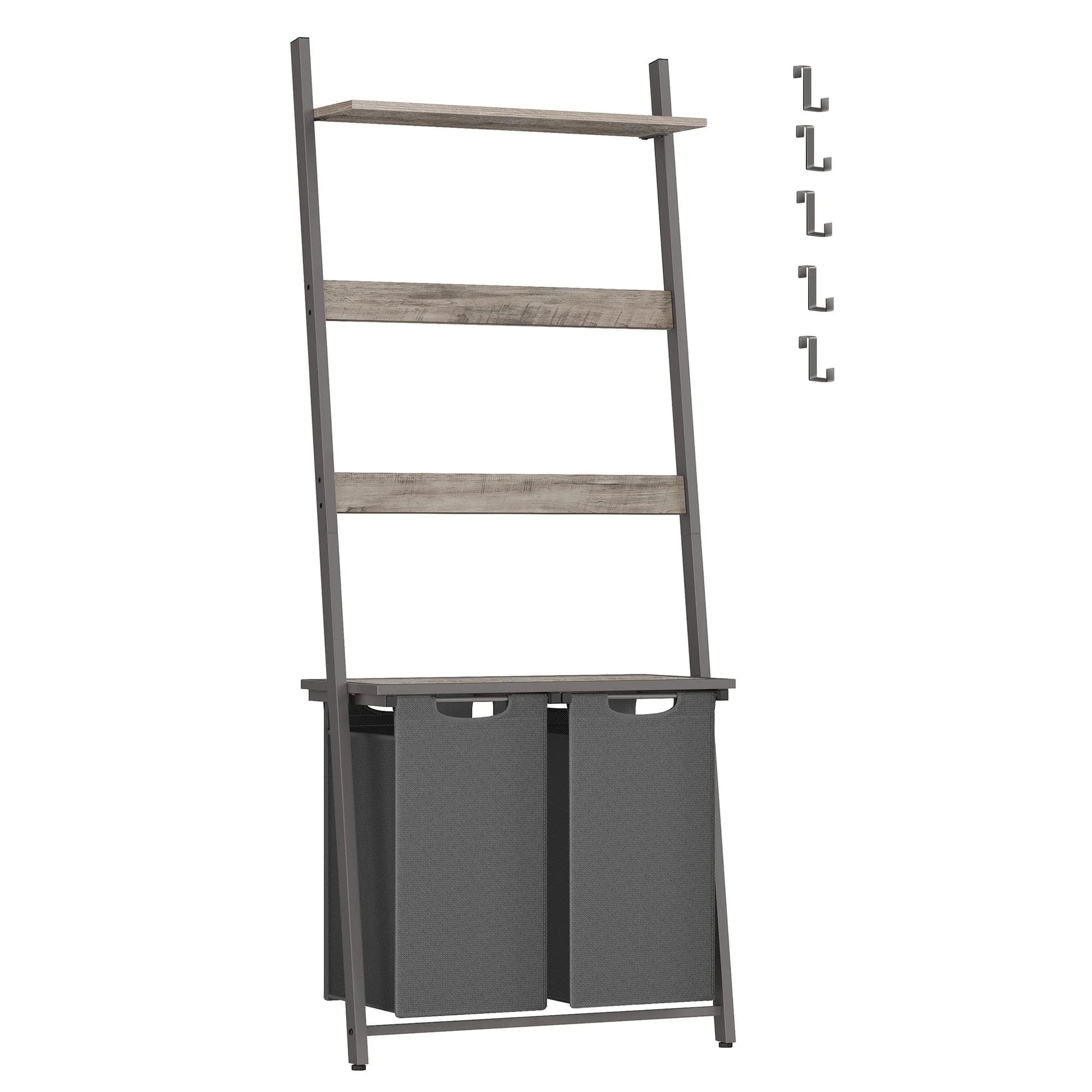 Meuble panier à linge avec étagères et sacs amovibles Gris