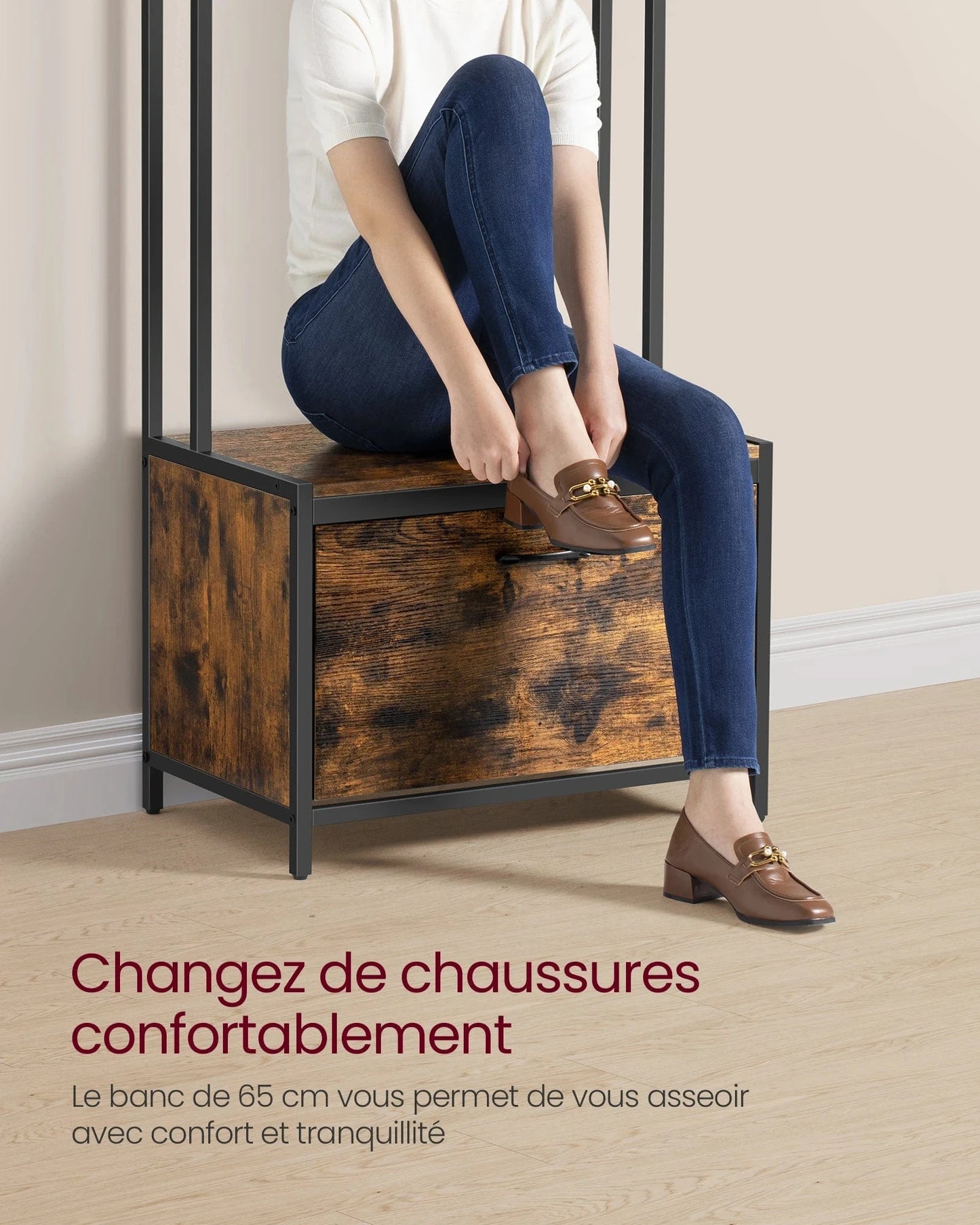 Meuble porte-manteau avec rangement chaussures et banc – style industriel Bois noyer