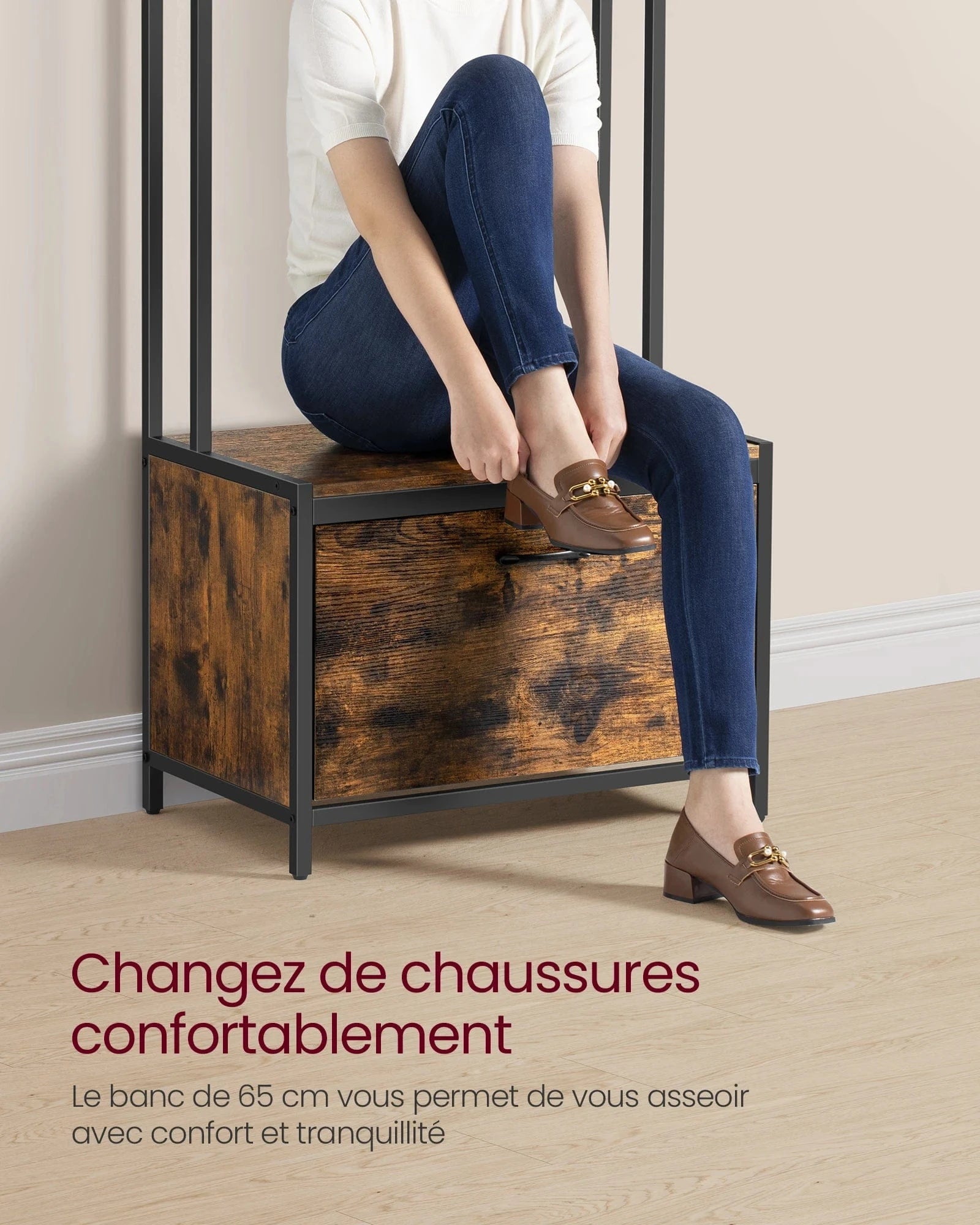 Meuble porte-manteau avec rangement chaussures et banc – style industriel Bois noyer