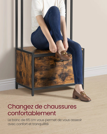 Meuble porte-manteau avec rangement chaussures et banc – style industriel Bois noyer