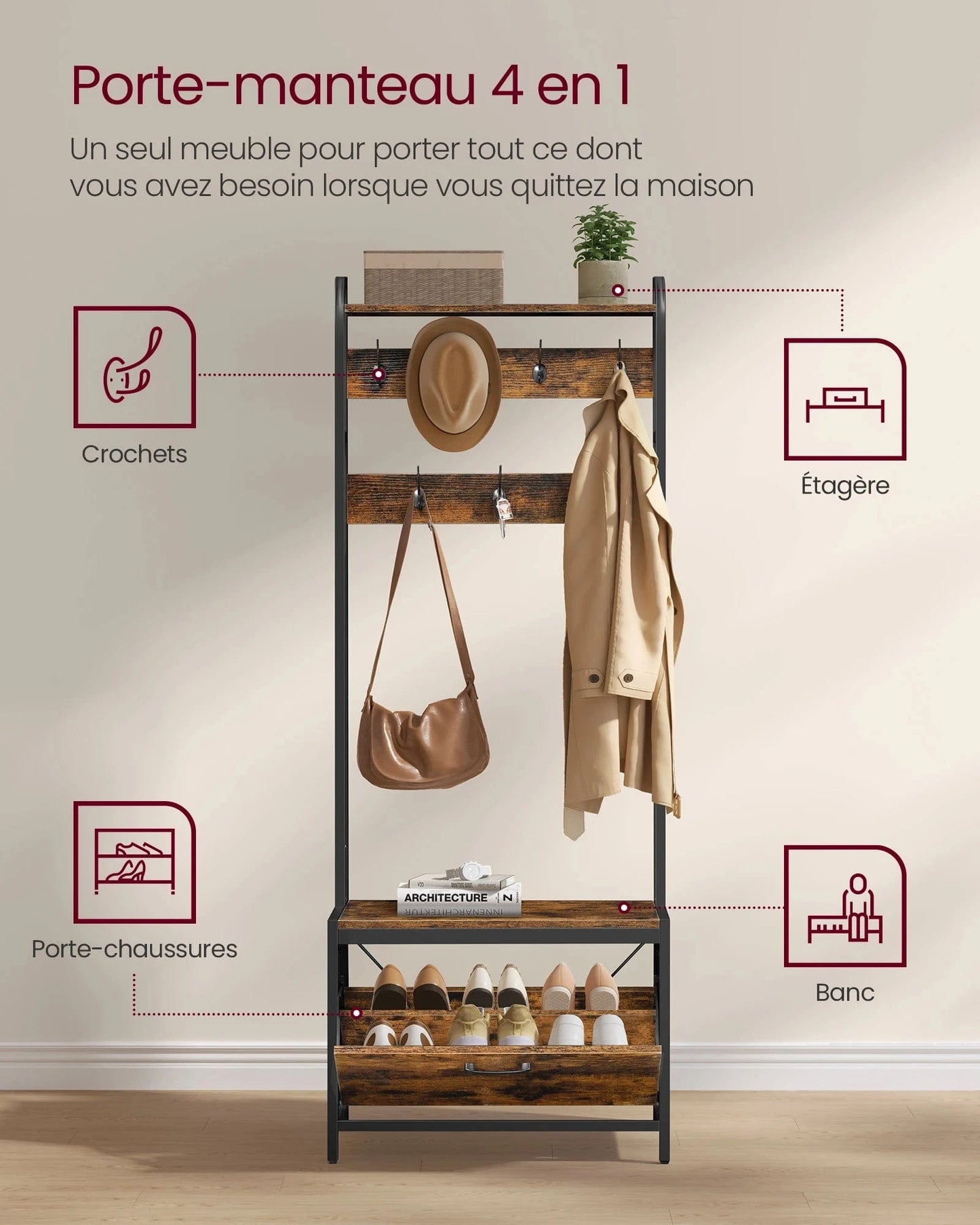 Meuble porte-manteau avec rangement chaussures et banc – style industriel Bois noyer