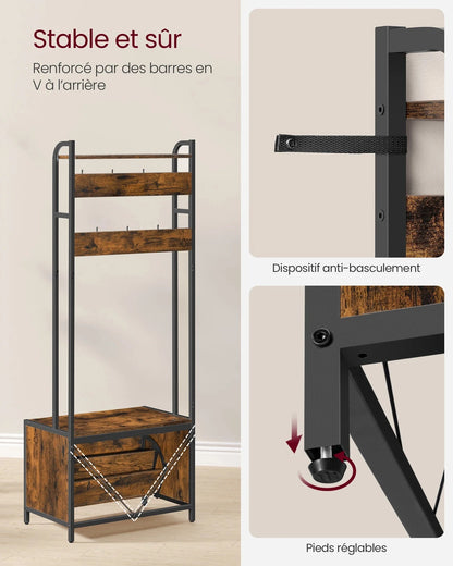 Meuble porte-manteau avec rangement chaussures et banc – style industriel Bois noyer