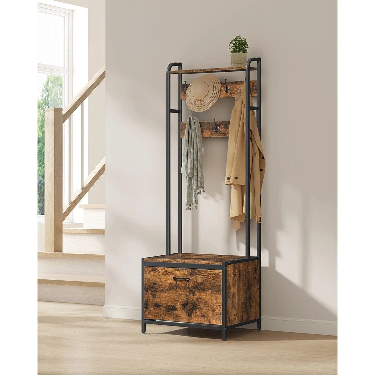 Meuble porte-manteau avec rangement chaussures et banc – style industriel Bois noyer