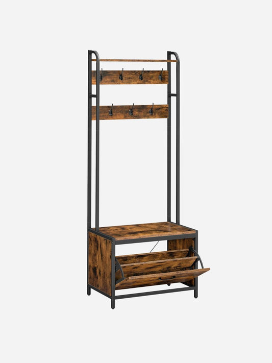Meuble porte-manteau avec rangement chaussures et banc – style industriel Bois noyer