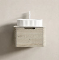 ORVANE - Meuble Vasque Suspendu 60cm, Plan Travertine et Pierre Frittée, Vasque Ovale CéramiqueORVANE - Meuble Vasque Suspendu 60cm, Plan Travertine et Pierre Frittée, Vasque Ovale Céramique