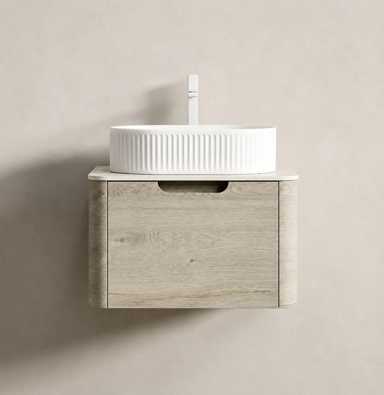ORVANE - Meuble Vasque Suspendu 60cm, Plan Travertine et Pierre Frittée, Vasque Ovale CéramiqueORVANE - Meuble Vasque Suspendu 60cm, Plan Travertine et Pierre Frittée, Vasque Ovale Céramique
