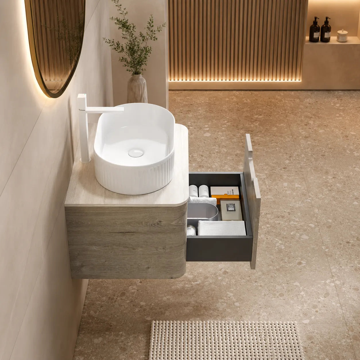 ORVANE - Meuble Vasque Suspendu 60cm, Plan Travertine et Pierre Frittée, Vasque Ovale CéramiqueORVANE - Meuble Vasque Suspendu 60cm, Plan Travertine et Pierre Frittée, Vasque Ovale Céramique