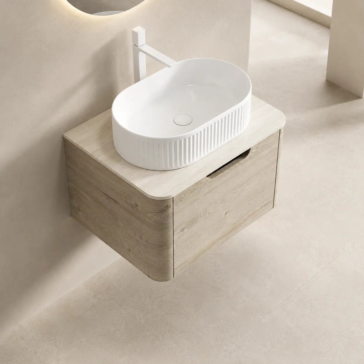 ORVANE - Meuble Vasque Suspendu 60cm, Plan Travertine et Pierre Frittée, Vasque Ovale CéramiqueORVANE - Meuble Vasque Suspendu 60cm, Plan Travertine et Pierre Frittée, Vasque Ovale Céramique