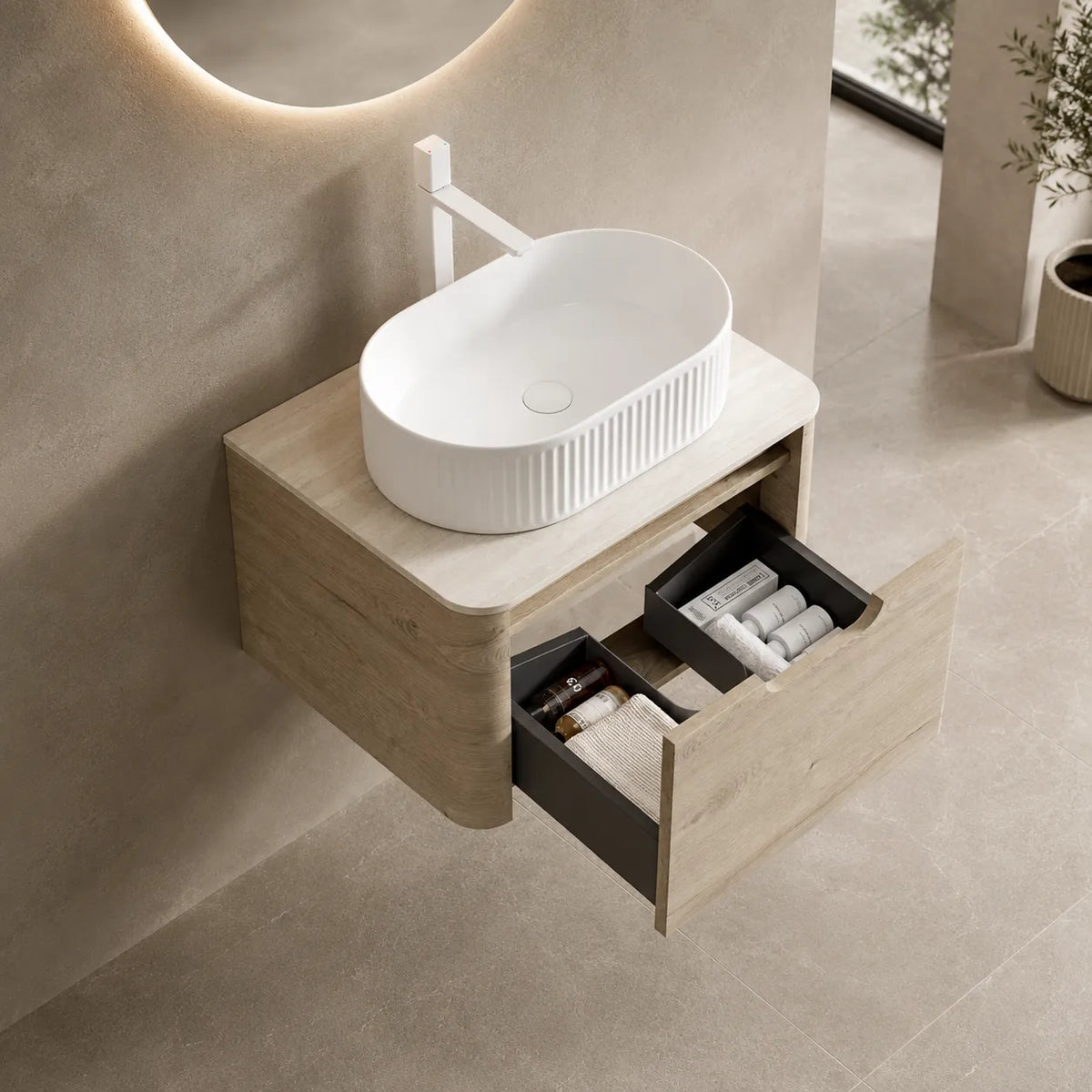 ORVANE - Meuble Vasque Suspendu 60cm, Plan Travertine et Pierre Frittée, Vasque Ovale CéramiqueORVANE - Meuble Vasque Suspendu 60cm, Plan Travertine et Pierre Frittée, Vasque Ovale Céramique