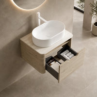 ORVANE - Meuble Vasque Suspendu 60cm, Plan Travertine et Pierre Frittée, Vasque Ovale CéramiqueORVANE - Meuble Vasque Suspendu 60cm, Plan Travertine et Pierre Frittée, Vasque Ovale Céramique