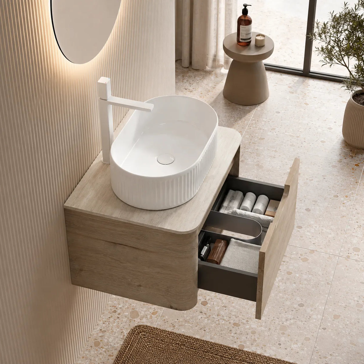 ORVANE - Meuble Vasque Suspendu 60cm, Plan Travertine et Pierre Frittée, Vasque Ovale CéramiqueORVANE - Meuble Vasque Suspendu 60cm, Plan Travertine et Pierre Frittée, Vasque Ovale Céramique