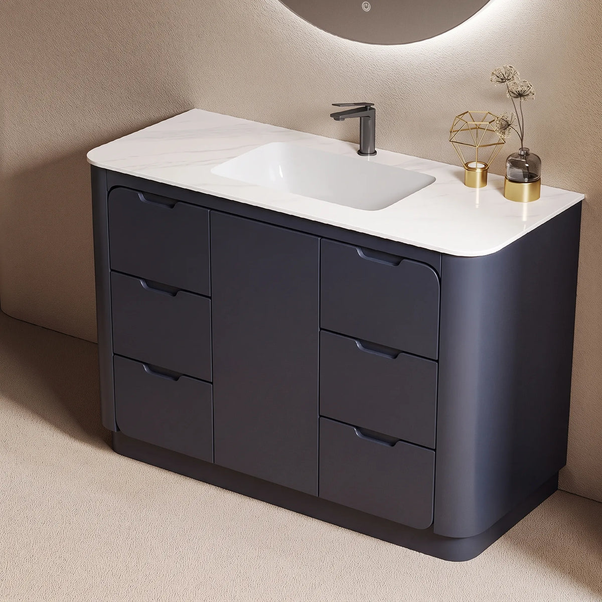 NOTTE - Meuble Vasque sur Pied 120 cm, Bleu Nuit, Tiroirs et Portes, avec Miroir