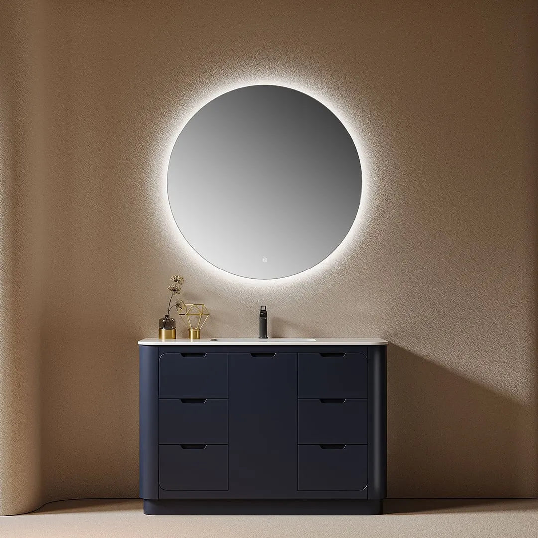 NOTTE - Meuble Vasque sur Pied 120 cm, Bleu Nuit, Tiroirs et Portes, avec Miroir