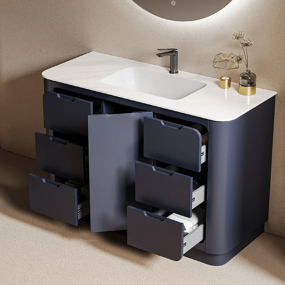 NOTTE - Meuble Vasque sur Pied 120 cm, Bleu Nuit, Tiroirs et Portes, avec Miroir