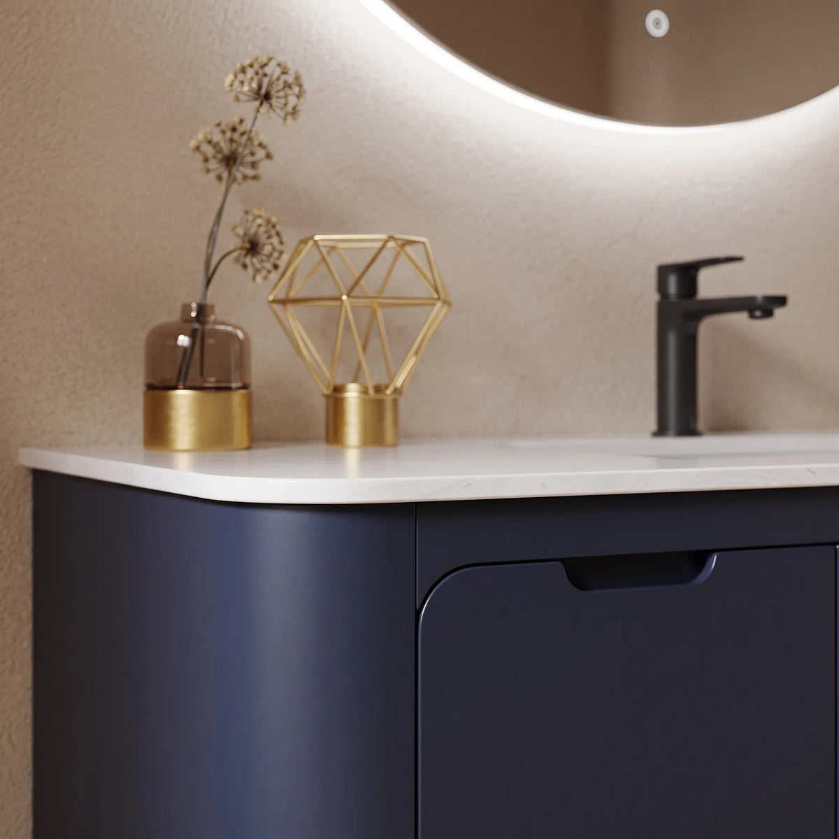 NOTTE - Meuble Vasque sur Pied 120 cm, Bleu Nuit, Tiroirs et Portes, avec Miroir