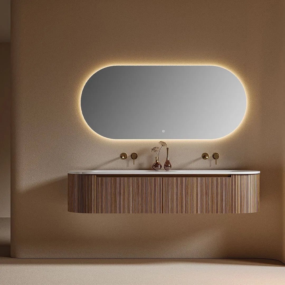 FLUTTO - Meuble Double Vasque Suspendu 180 cm, Cannelures Bois de Frêne, avec Miroir