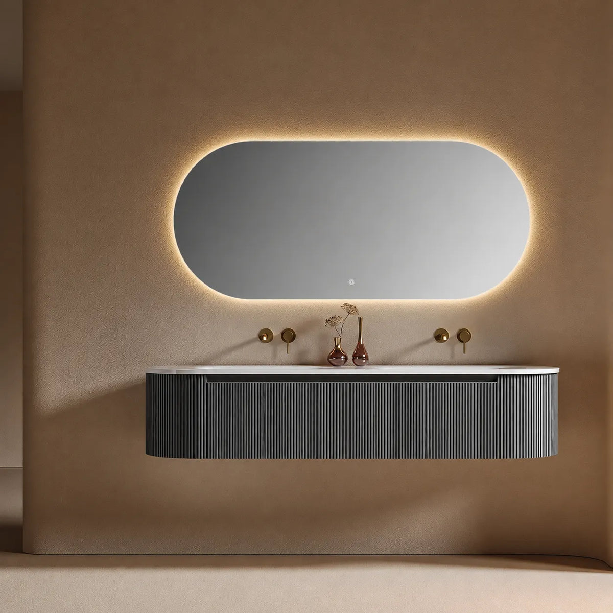 FLUTTO - Meuble Double Vasque Suspendu 180 cm, Cannelures Bois de Frêne, avec Miroir