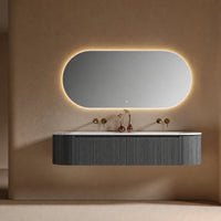 FLUTTO - Meuble Double Vasque Suspendu 180 cm, Cannelures Bois de Frêne, avec Miroir