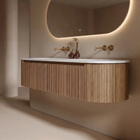 FLUTTO - Meuble Double Vasque Suspendu 180 cm, Cannelures Bois de Frêne, avec Miroir